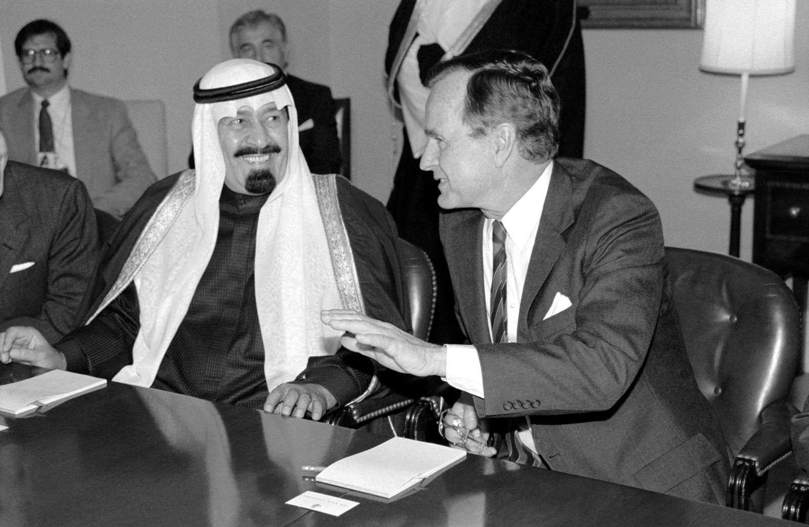 Prince of Saudi Arabia, Abdullah bin Abdul Aziz with US president, George Bush discussing political matters